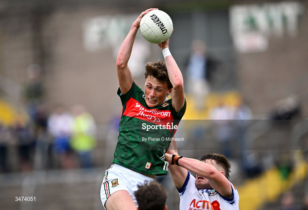 31 May 2026; Kobe McDonald of Mayo catches the last kick-out before kicking the ball out of play to end the GAA Football All-Ireland Senior Championship Round 1 match between Monaghan and Mayo at St Tiernach's Park in Clones, Monaghan. Photo by Piaras Ó Mídheach/Sportsfile