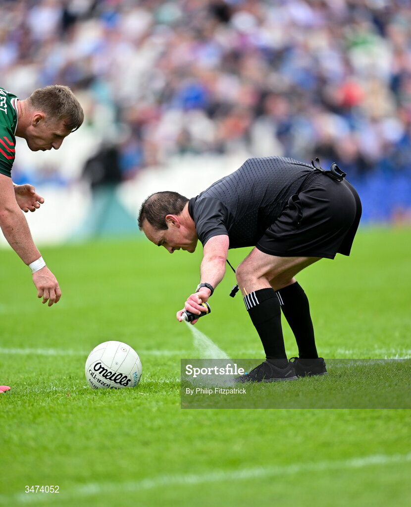 31 May 2026; Ryan O'Donoghue of Mayo and referee David Goldrick during the GAA Football All-Ireland Senior Championship Round 1 match between Monaghan and Mayo at St Tiernach's Park in Clones, Monaghan. Photo by Philip Fitzpatrick/Sportsfile
