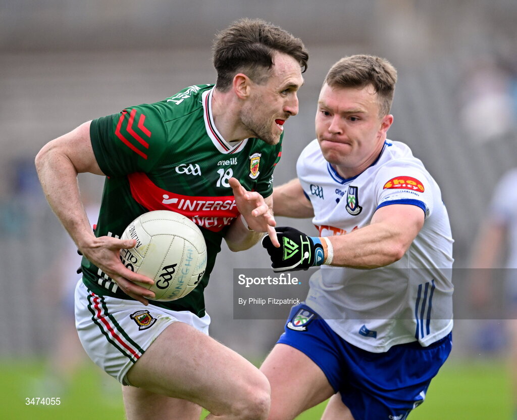 31 May 2026; Paddy Durcan of Mayo in action against Conor McCarthy of Monaghan during the GAA Football All-Ireland Senior Championship Round 1 match between Monaghan and Mayo at St Tiernach's Park in Clones, Monaghan. Photo by Philip Fitzpatrick/Sportsfile