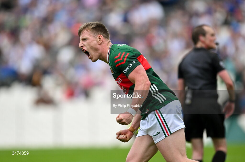 31 May 2026; Ryan O'Donoghue of Mayo celebrates after scoring his winning point during the GAA Football All-Ireland Senior Championship Round 1 match between Monaghan and Mayo at St Tiernach's Park in Clones, Monaghan. Photo by Philip Fitzpatrick/Sportsfile