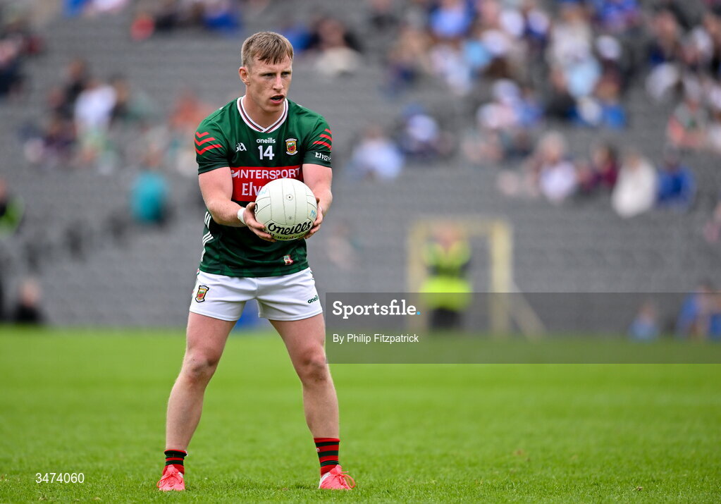 31 May 2026; Ryan O'Donoghue of Mayo celebrates after scoring his winning point during the GAA Football All-Ireland Senior Championship Round 1 match between Monaghan and Mayo at St Tiernach's Park in Clones, Monaghan. Photo by Philip Fitzpatrick/Sportsfile