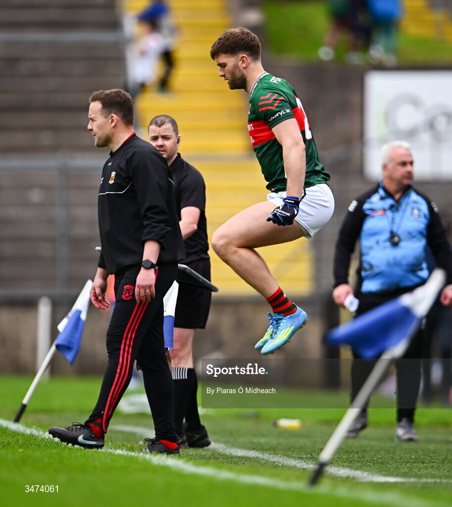 31 May 2026; Aidan O'Shea of Mayo prepares to come on as a substitute, to become the first outfield footballer to play in 100 championship matches for their county in the history of the GAA, during the GAA Football All-Ireland Senior Championship Round 1 match between Monaghan and Mayo at St Tiernach's Park in Clones, Monaghan. Photo by Piaras Ó Mídheach/Sportsfile