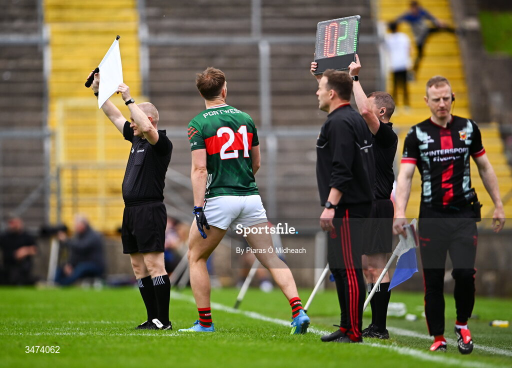 31 May 2026; Aidan O'Shea of Mayo prepares to come on as a substitute, to become the first outfield footballer to play in 100 championship matches for their county in the history of the GAA, during the GAA Football All-Ireland Senior Championship Round 1 match between Monaghan and Mayo at St Tiernach's Park in Clones, Monaghan. Photo by Piaras Ó Mídheach/Sportsfile