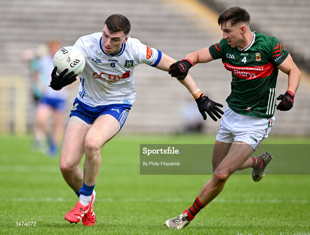 31 May 2026; Micheal McCarville of Monaghan in action against Enda Hession of Mayo during the GAA Football All-Ireland Senior Championship Round 1 match between Monaghan and Mayo at St Tiernach's Park in Clones, Monaghan. Photo by Philip Fitzpatrick/Sportsfile