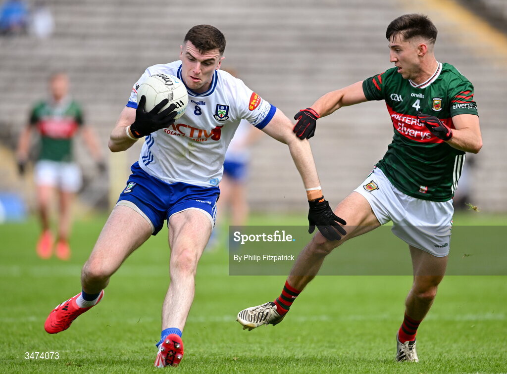 31 May 2026; Micheal McCarville of Monaghan in action against Enda Hession of Mayo during the GAA Football All-Ireland Senior Championship Round 1 match between Monaghan and Mayo at St Tiernach's Park in Clones, Monaghan. Photo by Philip Fitzpatrick/Sportsfile