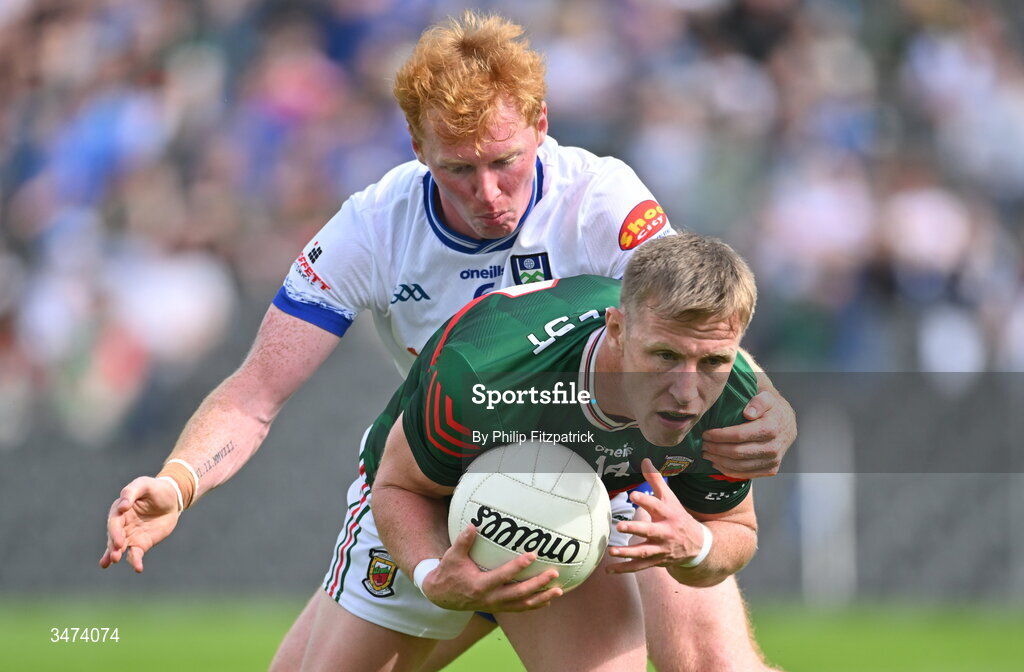 31 May 2026; Ryan O'Donoghue of Mayo in action against Ryan O'Toole of Monaghan during the GAA Football All-Ireland Senior Championship Round 1 match between Monaghan and Mayo at St Tiernach's Park in Clones, Monaghan. Photo by Philip Fitzpatrick/Sportsfile