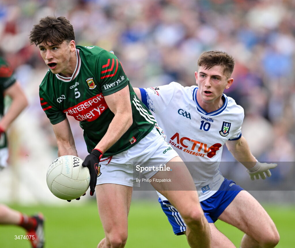 31 May 2026; Sam Callinan of Mayo in action against Oisin McGorman of Monaghan during the GAA Football All-Ireland Senior Championship Round 1 match between Monaghan and Mayo at St Tiernach's Park in Clones, Monaghan. Photo by Philip Fitzpatrick/Sportsfile
