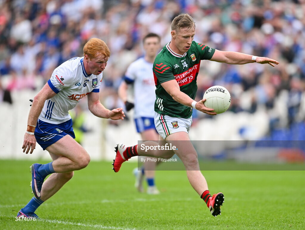 31 May 2026; Ryan O'Donoghue of Mayo in action against Ryan O'Toole of Monaghan during the GAA Football All-Ireland Senior Championship Round 1 match between Monaghan and Mayo at St Tiernach's Park in Clones, Monaghan. Photo by Philip Fitzpatrick/Sportsfile