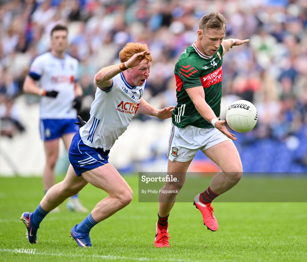 31 May 2026; Ryan O'Donoghue of Mayo in action against Ryan O'Toole of Monaghan during the GAA Football All-Ireland Senior Championship Round 1 match between Monaghan and Mayo at St Tiernach's Park in Clones, Monaghan. Photo by Philip Fitzpatrick/Sportsfile