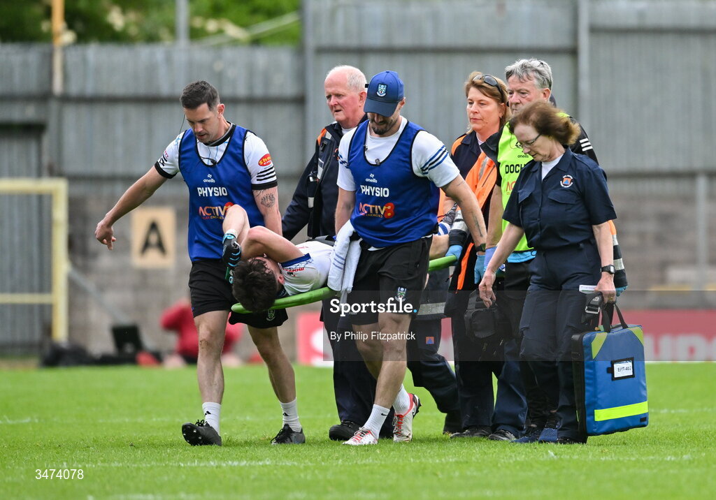 31 May 2026; Monaghan's Bobby McCaul is stretched off during the GAA Football All-Ireland Senior Championship Round 1 match between Monaghan and Mayo at St Tiernach's Park in Clones, Monaghan. Photo by Philip Fitzpatrick/Sportsfile