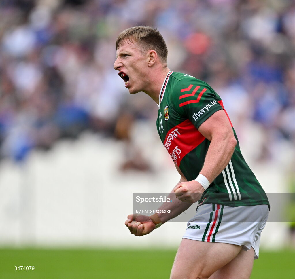 31 May 2026; Ryan O'Donoghue of Mayo celebrates after scoring his winning point during the GAA Football All-Ireland Senior Championship Round 1 match between Monaghan and Mayo at St Tiernach's Park in Clones, Monaghan. Photo by Philip Fitzpatrick/Sportsfile