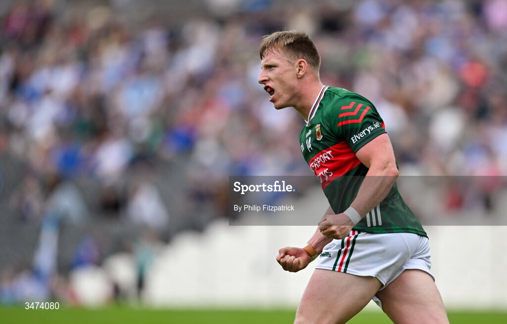 31 May 2026; Ryan O'Donoghue of Mayo celebrates after scoring his winning point during the GAA Football All-Ireland Senior Championship Round 1 match between Monaghan and Mayo at St Tiernach's Park in Clones, Monaghan. Photo by Philip Fitzpatrick/Sportsfile