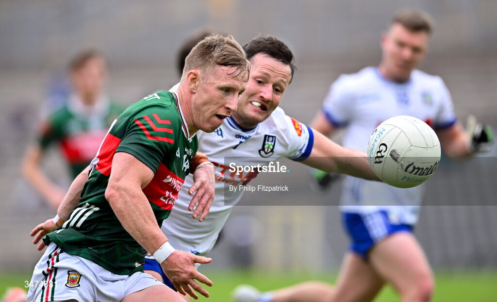 31 May 2026; Ryan O'Donoghue of Mayo in action against Dessie Ward of Monaghan during the GAA Football All-Ireland Senior Championship Round 1 match between Monaghan and Mayo at St Tiernach's Park in Clones, Monaghan. Photo by Philip Fitzpatrick/Sportsfile