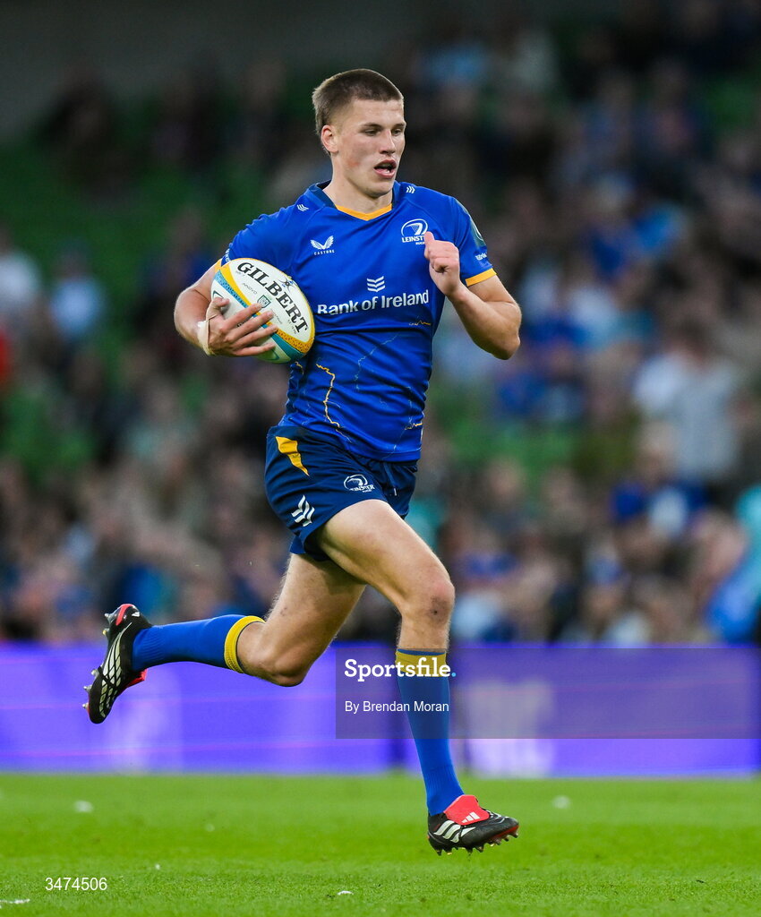 30 May 2026; Sam Prendergast of Leinster during the United Rugby Championship quarter-final match between Leinster and Lions at the Aviva Stadium in Dublin. Photo by Brendan Moran/Sportsfile