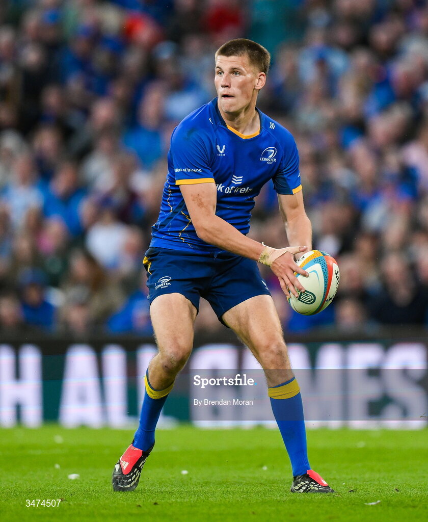 30 May 2026; Sam Prendergast of Leinster during the United Rugby Championship quarter-final match between Leinster and Lions at the Aviva Stadium in Dublin. Photo by Brendan Moran/Sportsfile
