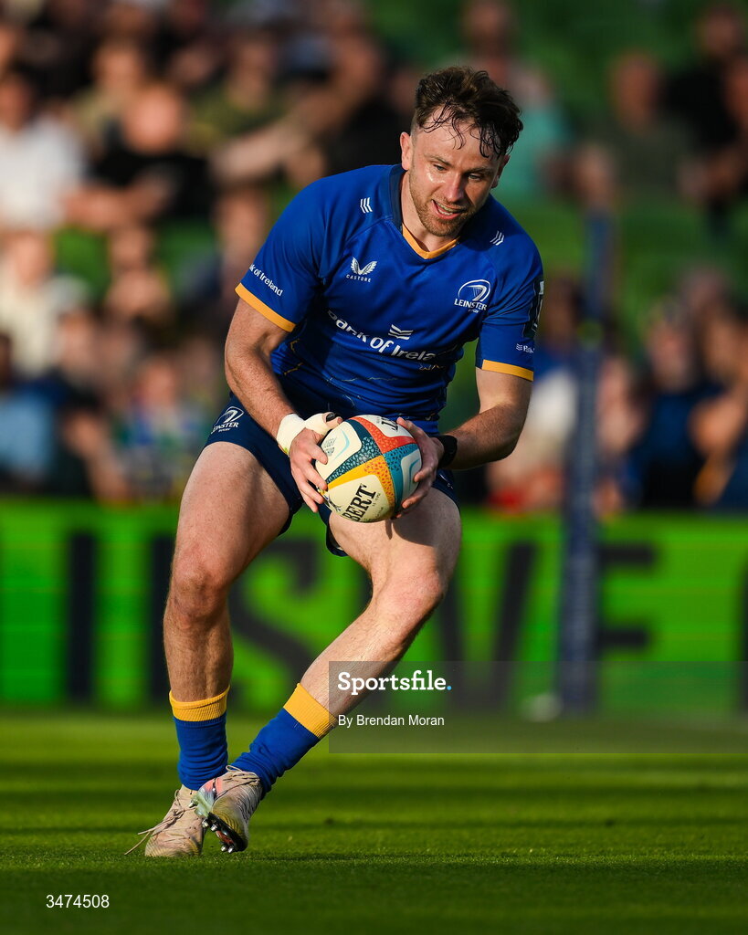 30 May 2026; Hugo Keenan of Leinster on his way to scoring his side's second try during the United Rugby Championship quarter-final match between Leinster and Lions at the Aviva Stadium in Dublin. Photo by Brendan Moran/Sportsfile