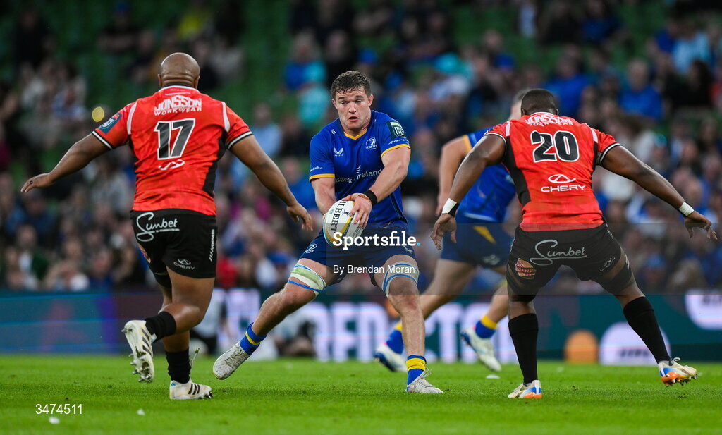 30 May 2026; Scott Penny of Leinster in action against Eddie Davids and Siba Qoma of Lions during the United Rugby Championship quarter-final match between Leinster and Lions at the Aviva Stadium in Dublin. Photo by Brendan Moran/Sportsfile