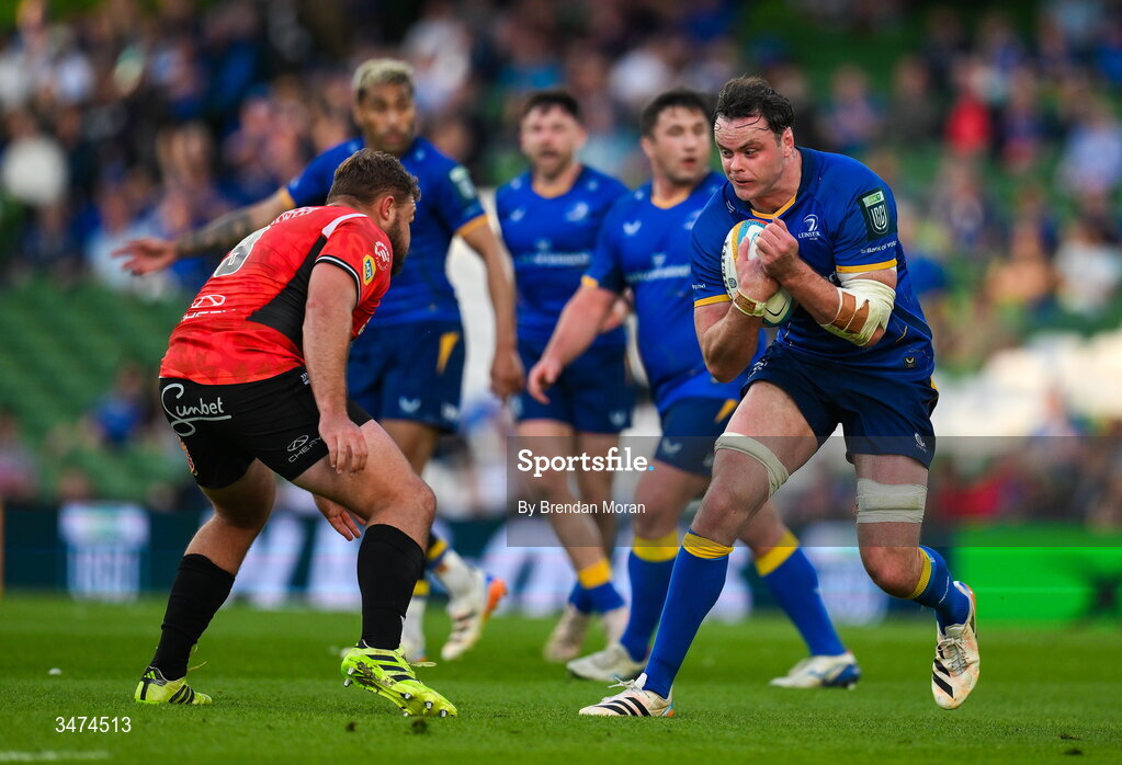 30 May 2026; James Ryan of Leinster in action against Sebastian Lombard of Lions during the United Rugby Championship quarter-final match between Leinster and Lions at the Aviva Stadium in Dublin. Photo by Brendan Moran/Sportsfile
