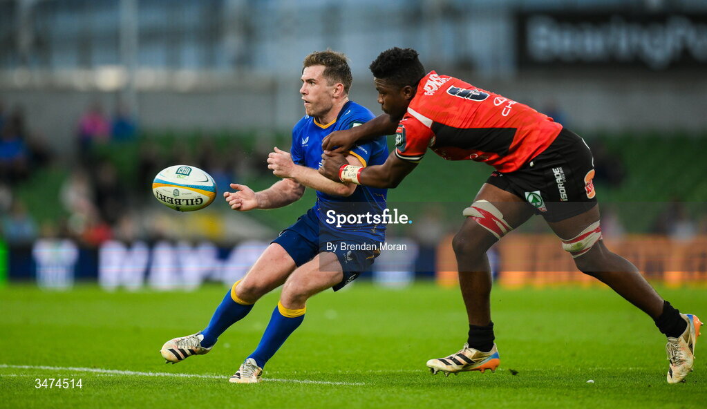 30 May 2026; Luke McGrath of Leinster in action against Siba Mahashe of Lions during the United Rugby Championship quarter-final match between Leinster and Lions at the Aviva Stadium in Dublin. Photo by Brendan Moran/Sportsfile