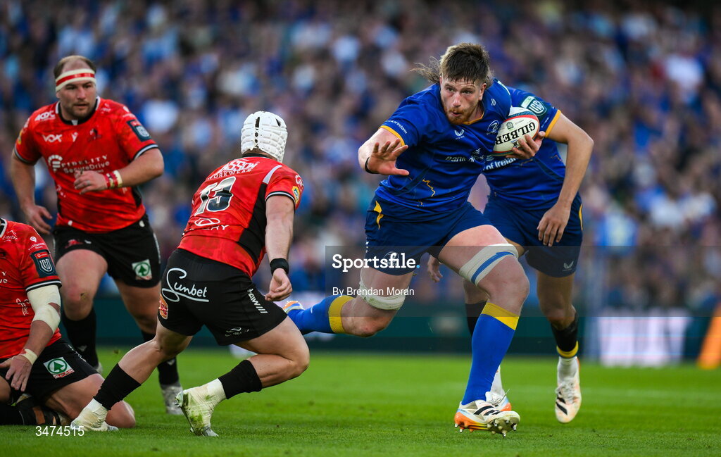 30 May 2026; Joe McCarthy of Leinster in action against Henco van Wyk of Lions during the United Rugby Championship quarter-final match between Leinster and Lions at the Aviva Stadium in Dublin. Photo by Brendan Moran/Sportsfile
