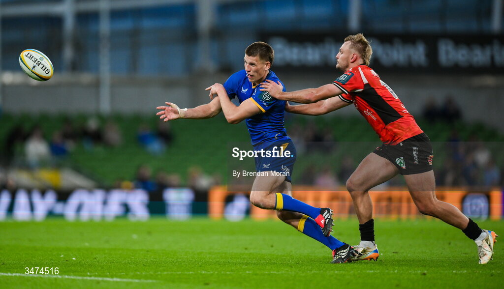 30 May 2026; Sam Prendergast of Leinster in action against Richard Kriel of Lions during the United Rugby Championship quarter-final match between Leinster and Lions at the Aviva Stadium in Dublin. Photo by Brendan Moran/Sportsfile