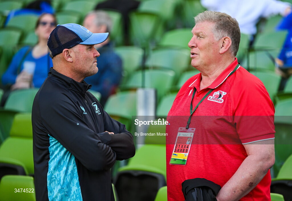 30 May 2026; Leinster senior coach Jacques Nienaber, left, in conversation with Lions CEO Rudolf Straeuli before the United Rugby Championship quarter-final match between Leinster and Lions at the Aviva Stadium in Dublin. Photo by Brendan Moran/Sportsfile