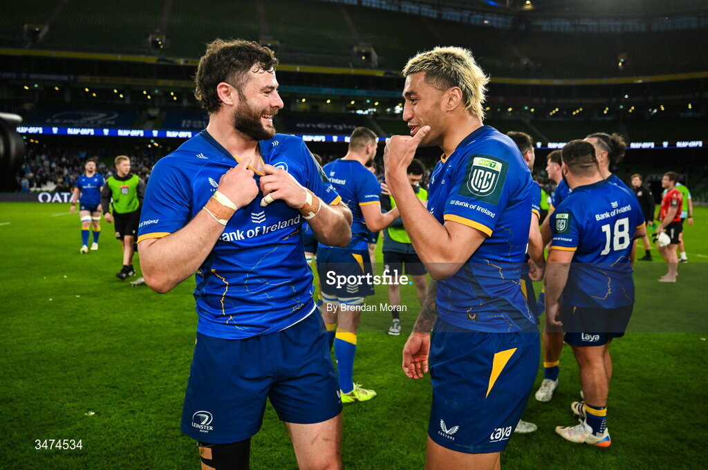 30 May 2026; Robbie Henshaw, left, and Rieko Ioane of Leinster after the United Rugby Championship quarter-final match between Leinster and Lions at the Aviva Stadium in Dublin. Photo by Brendan Moran/Sportsfile
