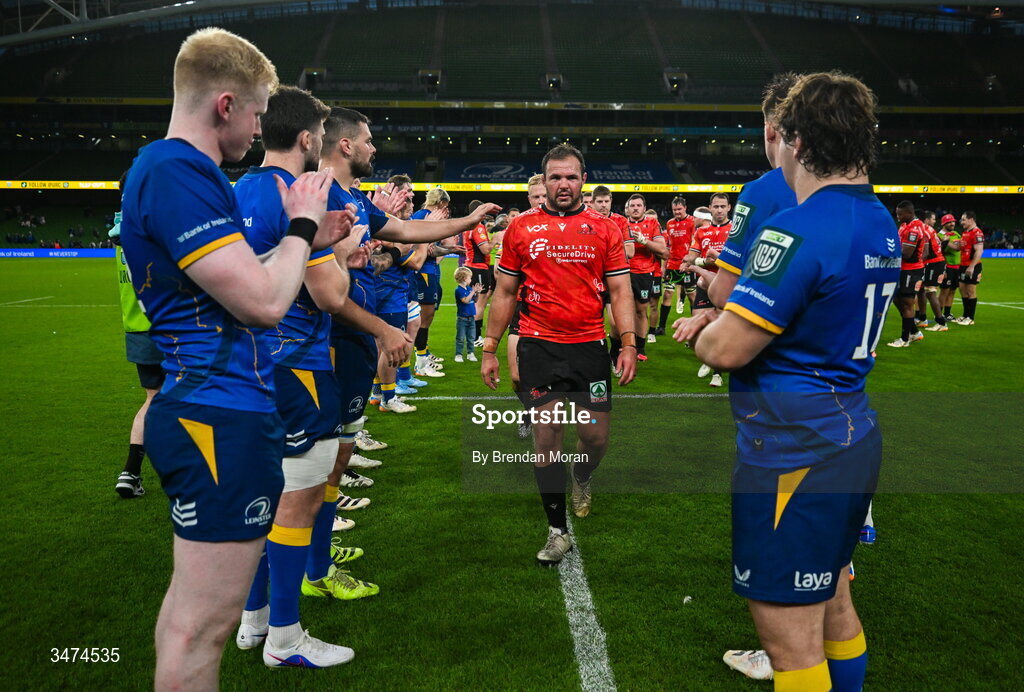 30 May 2026; The Lions team are applauded from the pitch after the United Rugby Championship quarter-final match between Leinster and Lions at the Aviva Stadium in Dublin. Photo by Brendan Moran/Sportsfile