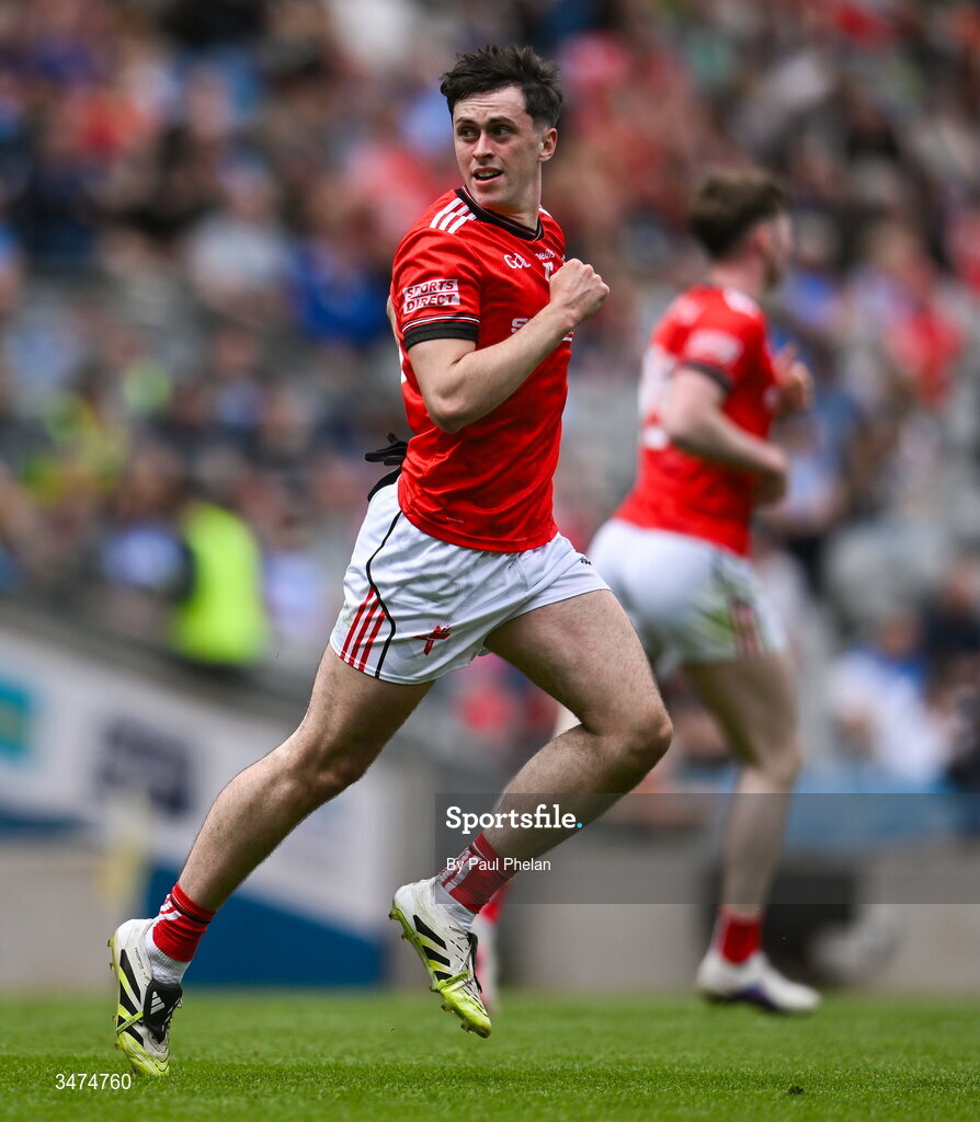 31 May 2026; Kieran McCardle of Louth celebrates after scoring his side's first goal  during the GAA Football All-Ireland Senior Championship Round 1 match between Dublin and Louth at Croke Park in Dublin. Photo by Paul Phelan/Sportsfile