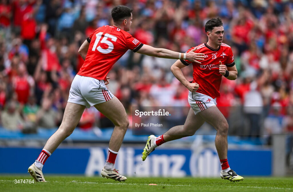 31 May 2026; Kieran McCardle of Louth celebrates, with teammate Conall McCaul, after scoring his side's first goal  during the GAA Football All-Ireland Senior Championship Round 1 match between Dublin and Louth at Croke Park in Dublin. Photo by Paul Phelan/Sportsfile