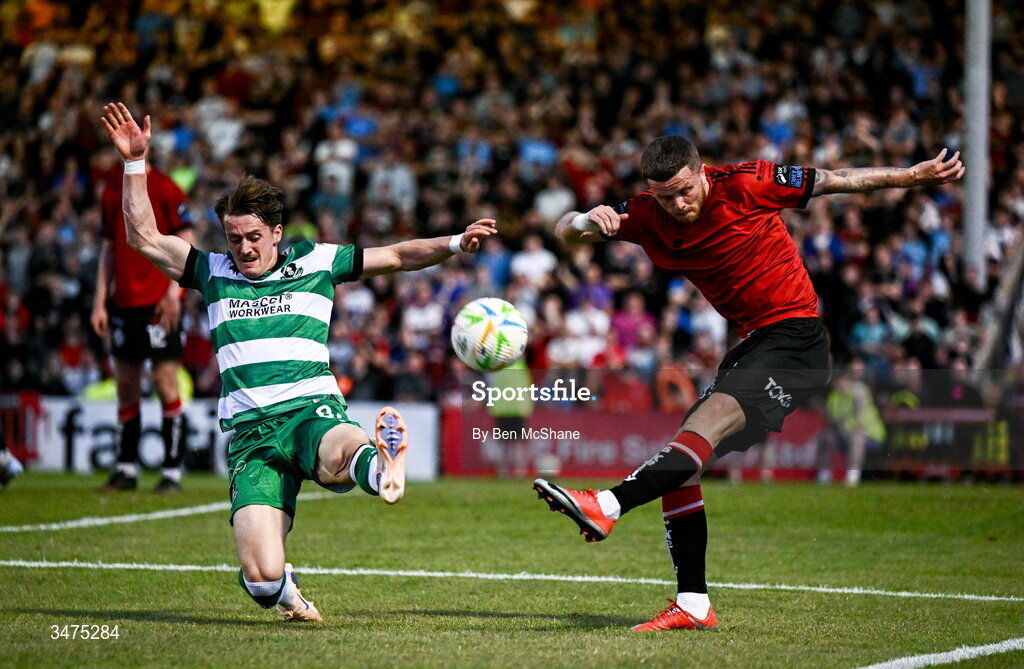 25 May 2026; Adam McDonnell of Bohemians and John McGovern of Shamrock Rovers during the SSE Airtricity Men’s Premier Division match between Bohemians and Shamrock Rovers at Dalymount Park in Dublin. Photo by Ben McShane/Sportsfile