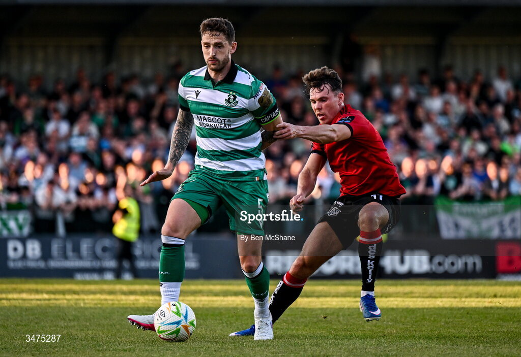 25 May 2026; Lee Grace of Shamrock Rovers and Dayle Rooney of Bohemians during the SSE Airtricity Men’s Premier Division match between Bohemians and Shamrock Rovers at Dalymount Park in Dublin. Photo by Ben McShane/Sportsfile