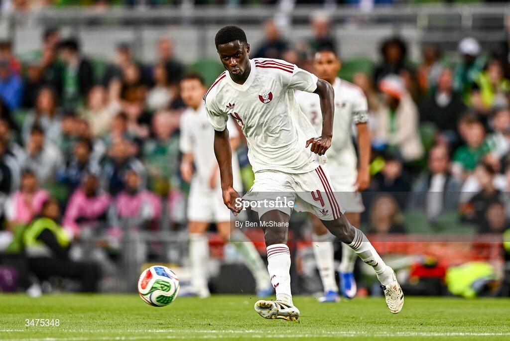 28 May 2026; Issa Laye of Qatar during the international friendly match between Republic of Ireland and Qatar at the Aviva Stadium in Dublin. Photo by Ben McShane/Sportsfile
