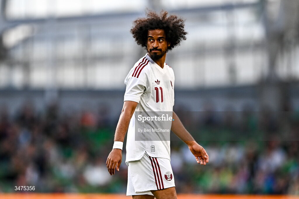 28 May 2026; Akram Afif of Qatar during the international friendly match between Republic of Ireland and Qatar at the Aviva Stadium in Dublin. Photo by Ben McShane/Sportsfile