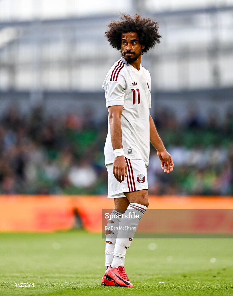 28 May 2026; Akram Afif of Qatar during the international friendly match between Republic of Ireland and Qatar at the Aviva Stadium in Dublin. Photo by Ben McShane/Sportsfile