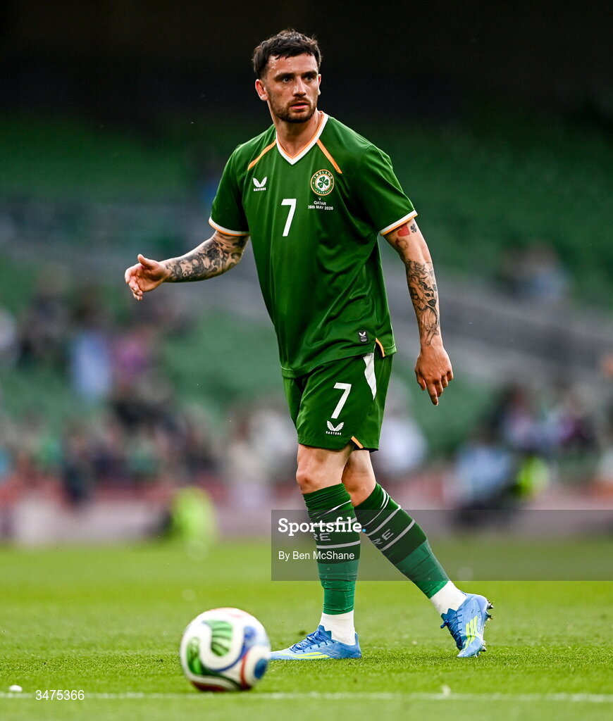 28 May 2026; Troy Parrott of Republic of Ireland during the international friendly match between Republic of Ireland and Qatar at the Aviva Stadium in Dublin. Photo by Ben McShane/Sportsfile