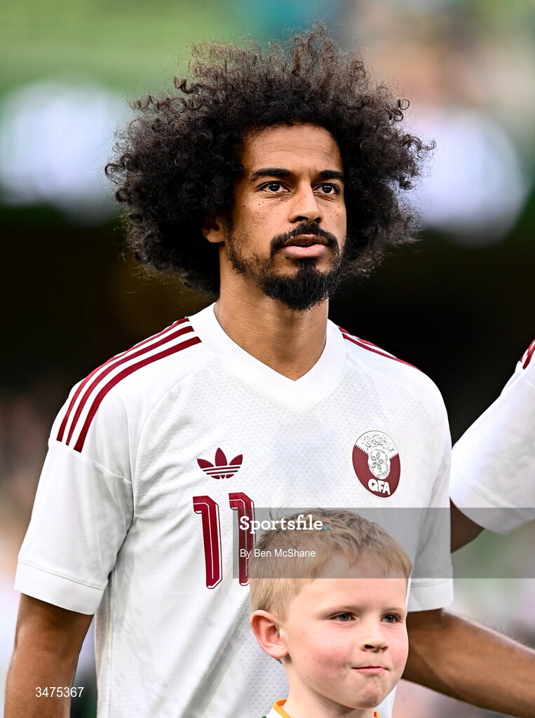 28 May 2026; Akram Afif of Qatar before the international friendly match between Republic of Ireland and Qatar at the Aviva Stadium in Dublin. Photo by Ben McShane/Sportsfile
