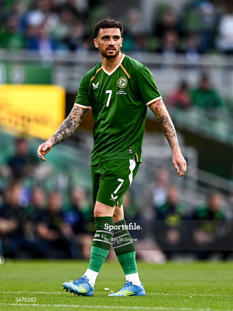 28 May 2026; Troy Parrott of Republic of Ireland during the international friendly match between Republic of Ireland and Qatar at the Aviva Stadium in Dublin. Photo by Ben McShane/Sportsfile