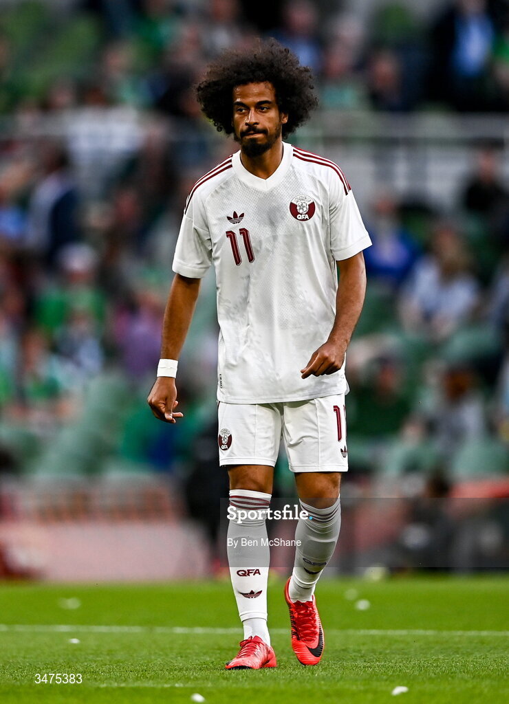 28 May 2026; Akram Afif of Qatar during the international friendly match between Republic of Ireland and Qatar at the Aviva Stadium in Dublin. Photo by Ben McShane/Sportsfile
