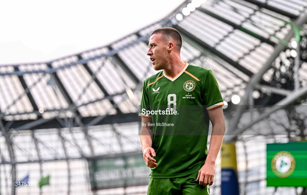 28 May 2026; Jack Moylan of Republic of Ireland during the international friendly match between Republic of Ireland and Qatar at the Aviva Stadium in Dublin. Photo by Ben McShane/Sportsfile