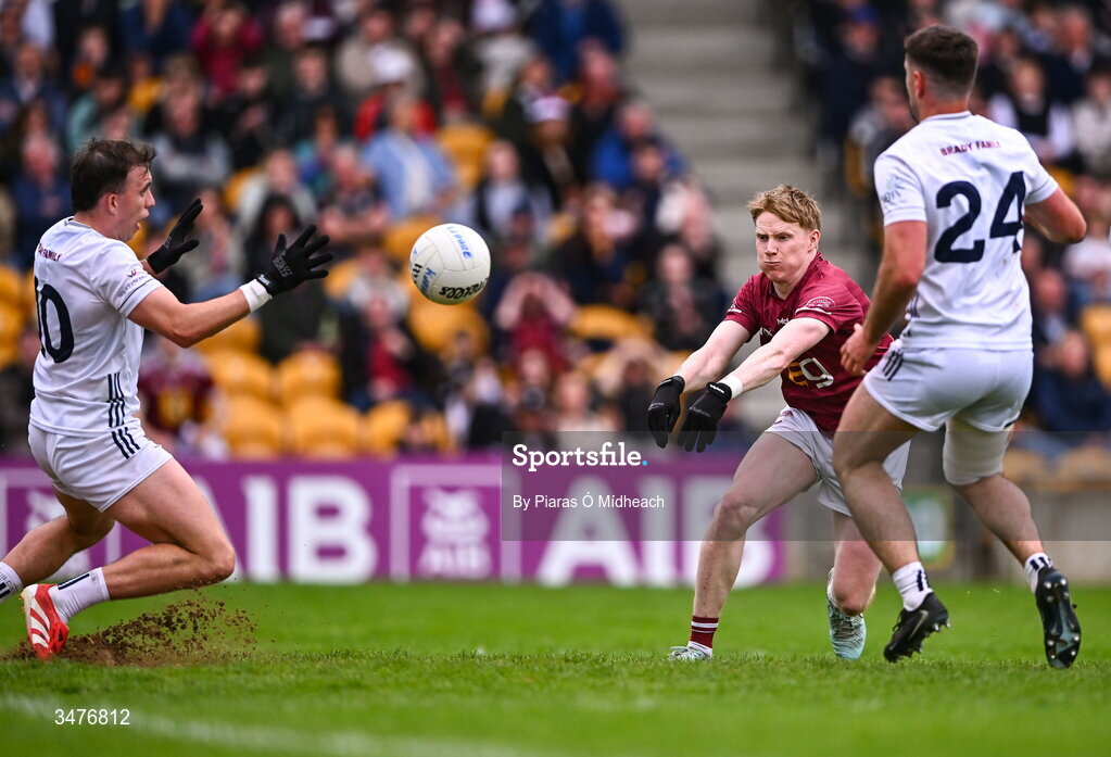 3 May 2026; Brandon Kelly of Westmeath scores his side's second goal during the Leinster GAA Football Senior Championship semi-final match between Kildare and Westmeath at Glenisk O'Connor Park in Tullamore, Offaly. Photo by Piaras Ó Mídheach/Sportsfile