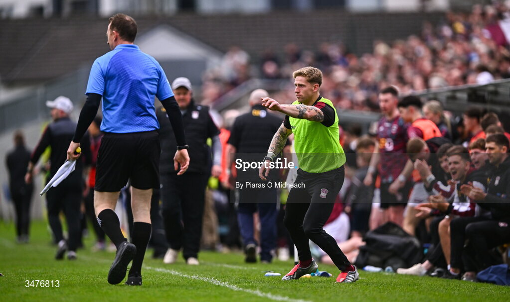 3 May 2026; Injured Westmeath footballer Luke Loughlin during the Leinster GAA Football Senior Championship semi-final match between Kildare and Westmeath at Glenisk O'Connor Park in Tullamore, Offaly. Photo by Piaras Ó Mídheach/Sportsfile