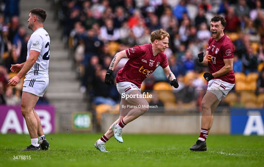 3 May 2026; Brandon Kelly of Westmeath, centre, celebrates scoring his side's second goal during the Leinster GAA Football Senior Championship semi-final match between Kildare and Westmeath at Glenisk O'Connor Park in Tullamore, Offaly. Photo by Piaras Ó Mídheach/Sportsfile