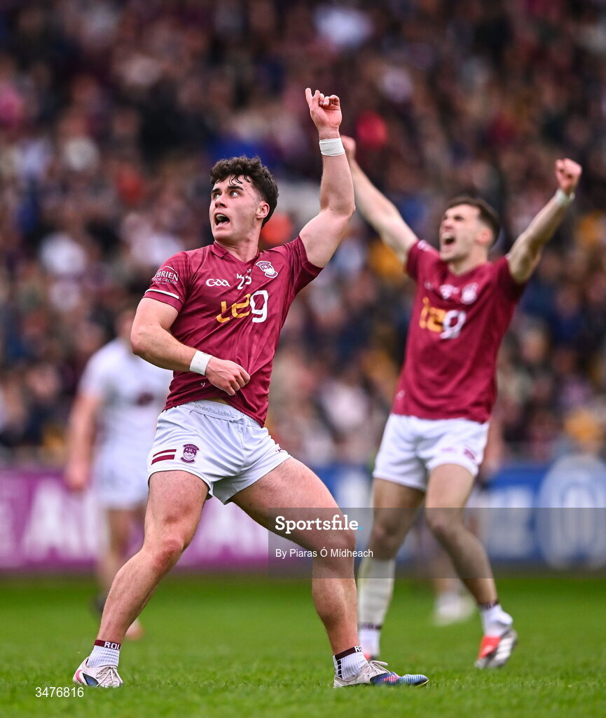 3 May 2026; Danny McCartan of Westmeath, front, celebrates during the Leinster GAA Football Senior Championship semi-final match between Kildare and Westmeath at Glenisk O'Connor Park in Tullamore, Offaly. Photo by Piaras Ó Mídheach/Sportsfile