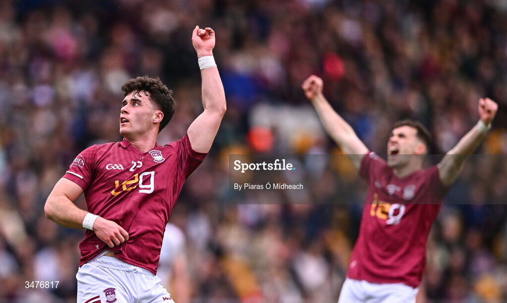 3 May 2026; Danny McCartan of Westmeath, front, celebrates during the Leinster GAA Football Senior Championship semi-final match between Kildare and Westmeath at Glenisk O'Connor Park in Tullamore, Offaly. Photo by Piaras Ó Mídheach/Sportsfile