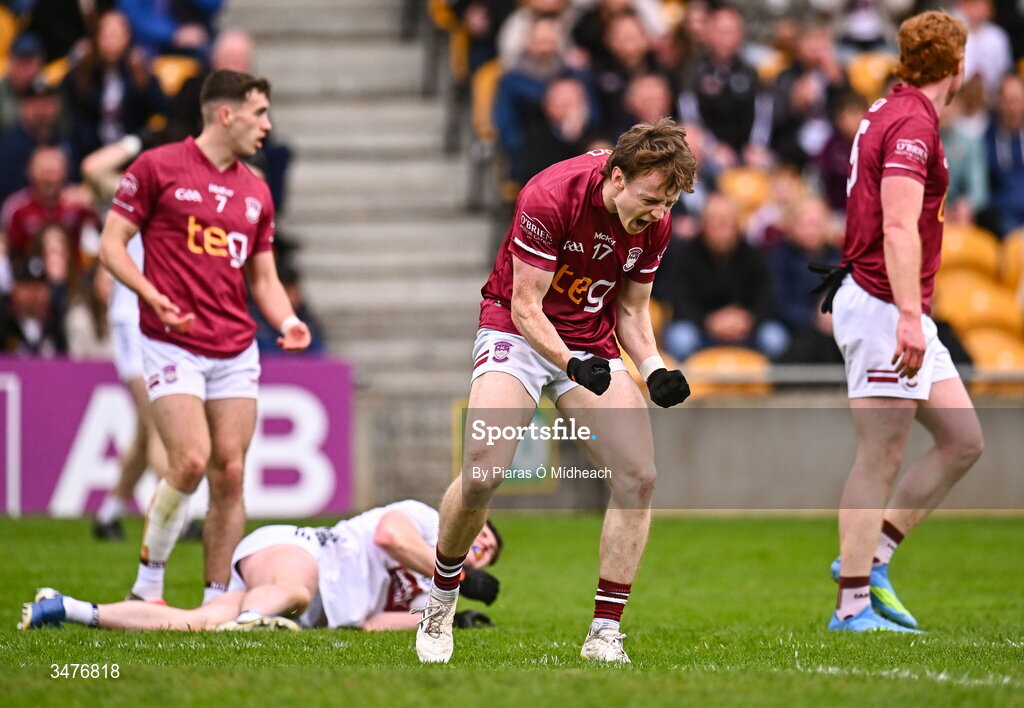 3 May 2026; Adam Treanor of Westmeath celebrates during the Leinster GAA Football Senior Championship semi-final match between Kildare and Westmeath at Glenisk O'Connor Park in Tullamore, Offaly. Photo by Piaras Ó Mídheach/Sportsfile