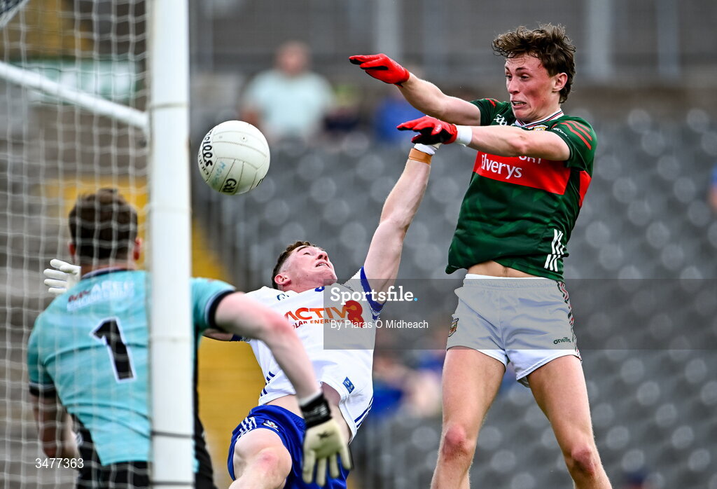 31 May 2026; Kobe McDonald of Mayo scores his side's first goal during the GAA Football All-Ireland Senior Championship Round 1 match between Monaghan and Mayo at St Tiernach's Park in Clones, Monaghan. Photo by Piaras Ó Mídheach/Sportsfile