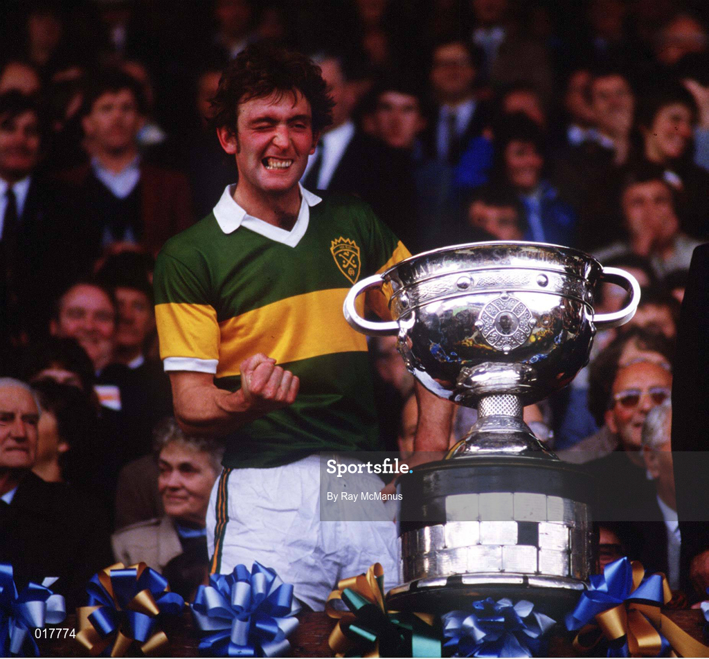 23 September 1984; Kerry captain Ambrose O'Donovan celebrates with the Sam Maguire Cup following the All-Ireland Senior Football Championship Final match between Kerry and Dublin at Croke Park in Dublin Photo by Ray McManus/Sportsfile