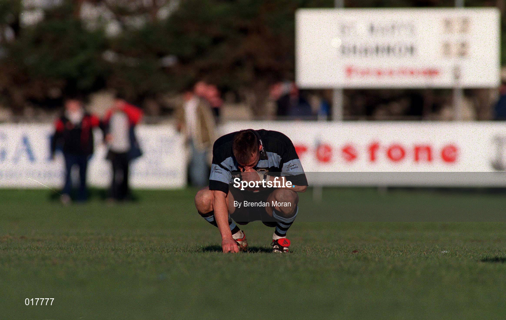 13 February 1999;  Andrew Thompson of Shannon reacts at the full-time whistle following the AIB All-Ireland League Division 1 match between St Mary's College and Shannon RFC at Templeville Road in Dublin. Photo by Brendan Moran/Sportsfile