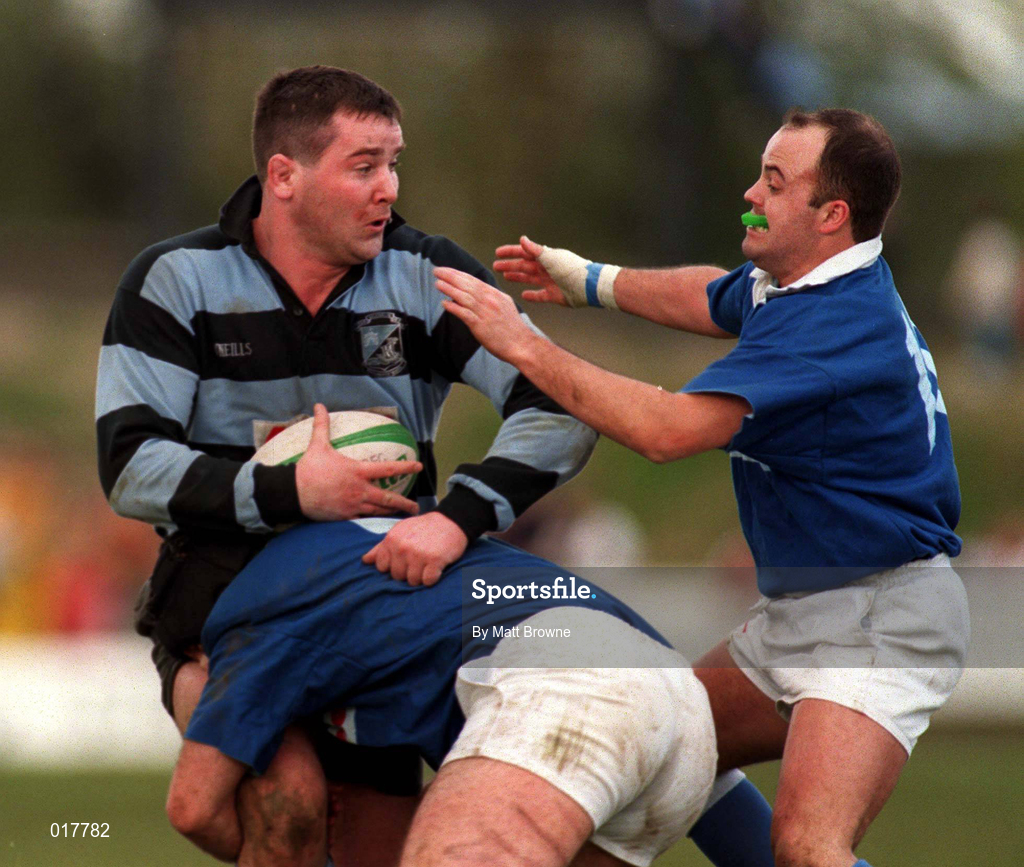 18 April 1998; Anthony Foley of Shannon RFC is tackled by Frank Fitzgerald, left, and Craig Fitzpatrick of  St. Mary's RFC during the All-Ireland League Division 1 Semi-Final match between Shannon RFC and St Mary's College RFC at Thomond Park in Limerick. Photo by Matt Browne/Sportsfile